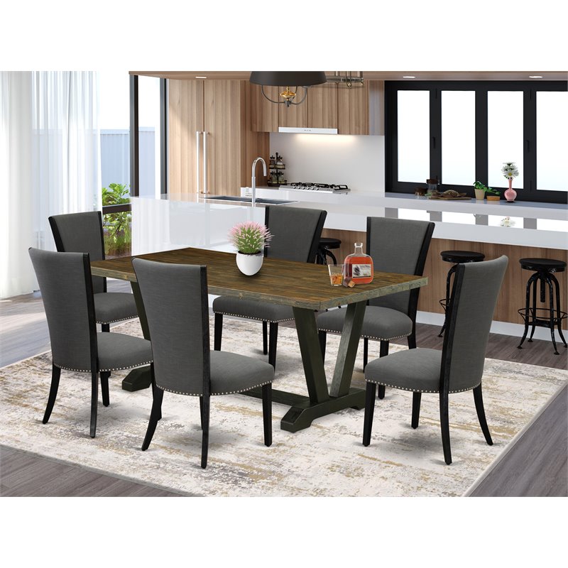 East West Furniture V-Style 7 Pieces Wood Dining Set in Jacobean/Black/Dark Gray