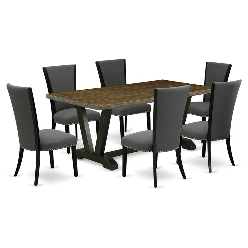 East West Furniture V-Style 7 Pieces Wood Dining Set in Jacobean/Black/Dark Gray
