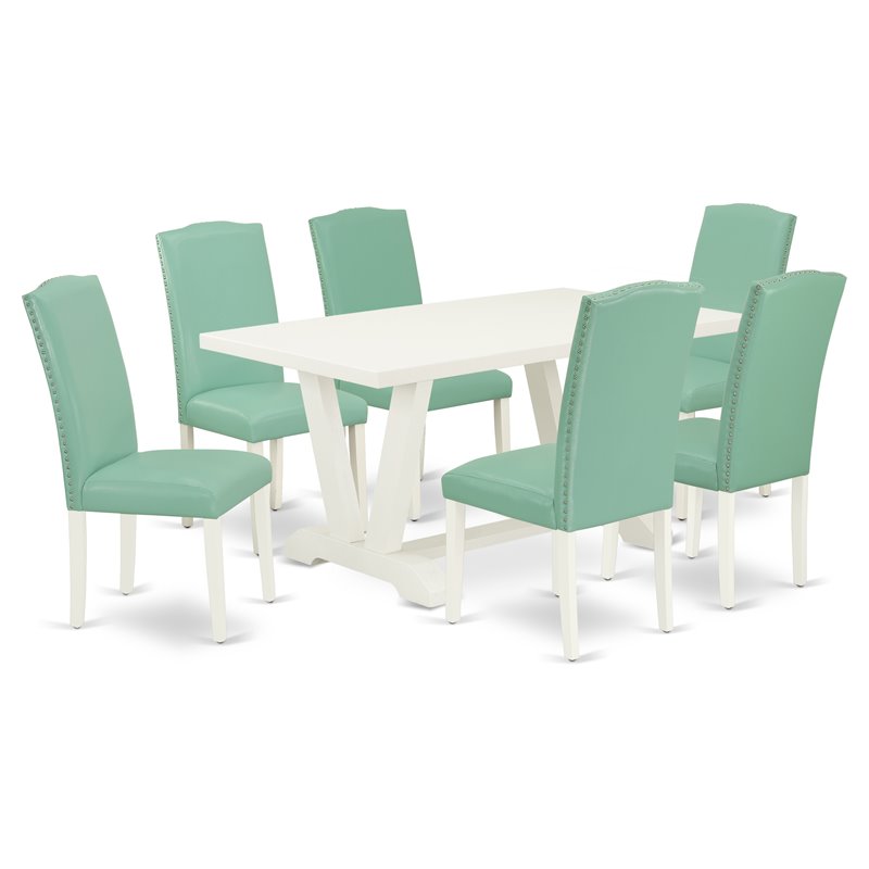 East West Furniture V-Style 7 Pieces Wooden Dining Set in White/Pond Green