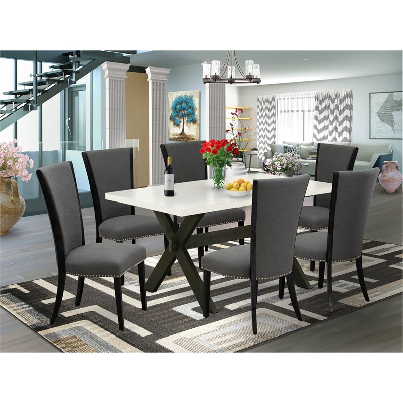 East West Furniture X-Style 7 Pieces Wood Dining Set in Black/White/Dark Gray