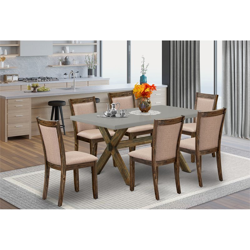 East West Furniture X-Style 7-Piece Wood Dining Set in Cement/Dark Khaki Gray