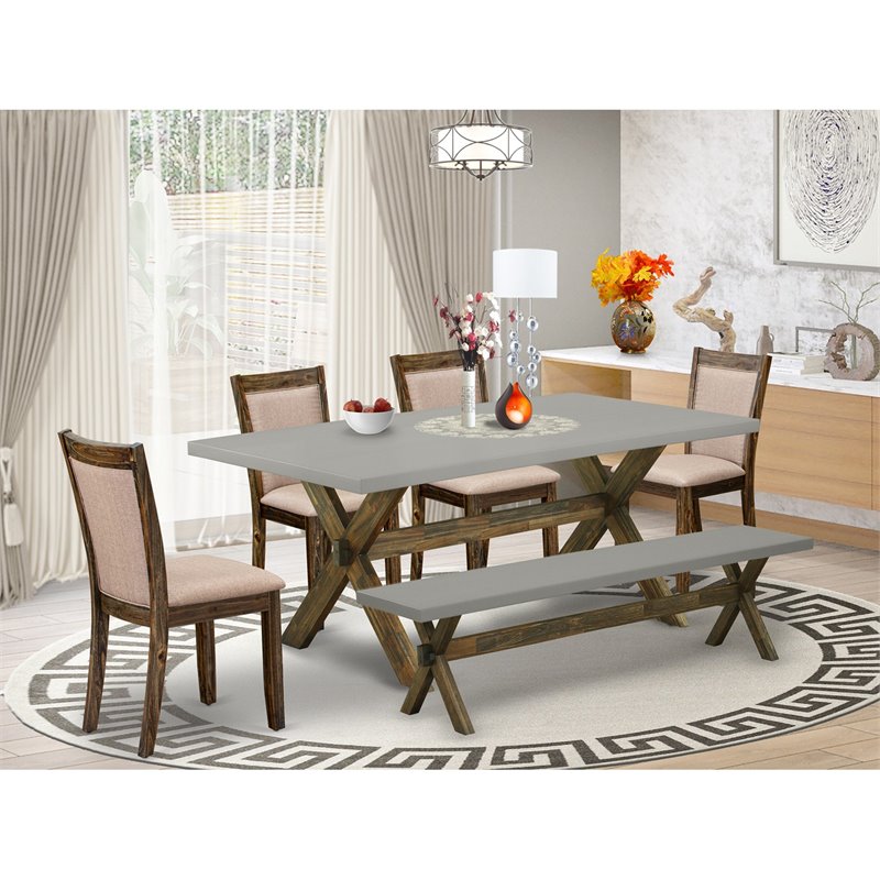 East West Furniture X-Style 6-Piece Wood Dining Set in Jacobean/Cement/Gray