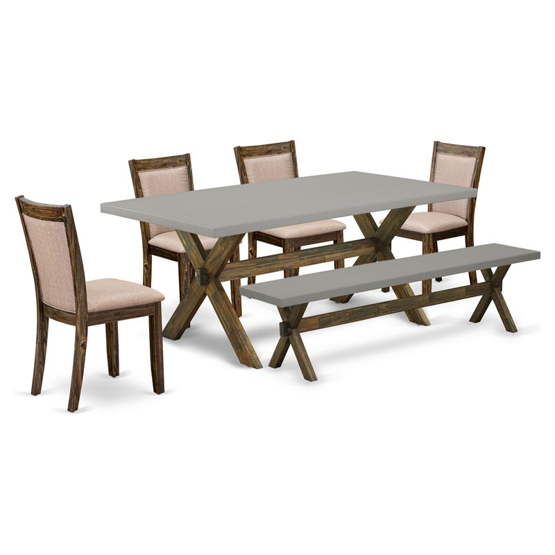 East West Furniture X-Style 6-Piece Wood Dining Set in Jacobean/Cement/Gray