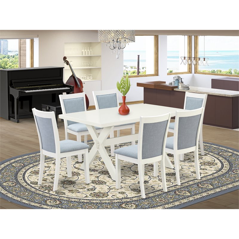 East West Furniture X-Style 7-Piece Asian Wood Dining Set in Baby Blue/White