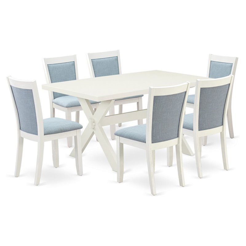 East West Furniture X-Style 7-Piece Asian Wood Dining Set in Baby Blue/White