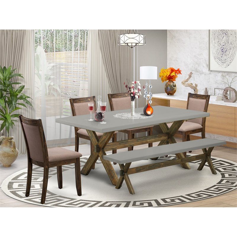 East West Furniture X-Style 6-Piece Wood Dining Set in Jacobean/Cement/Coffee