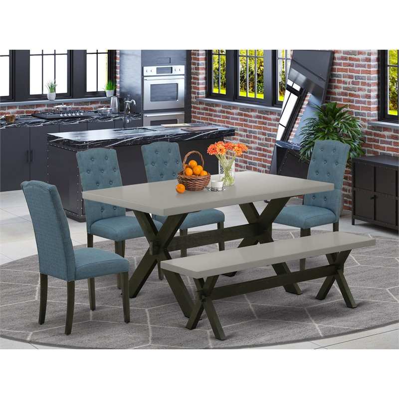 East West Furniture X-Style 6-Piece Wood Dining Set in Black/Cement/Blue