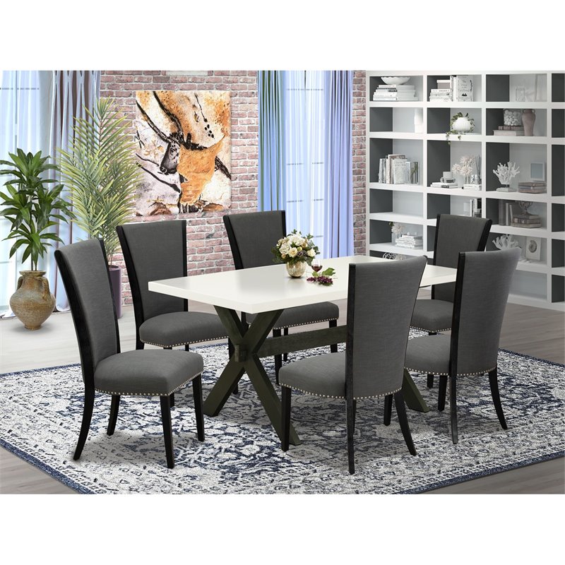 East West Furniture X-Style 7 Pieces Wood Dining Set in White/Dark Gray/Black