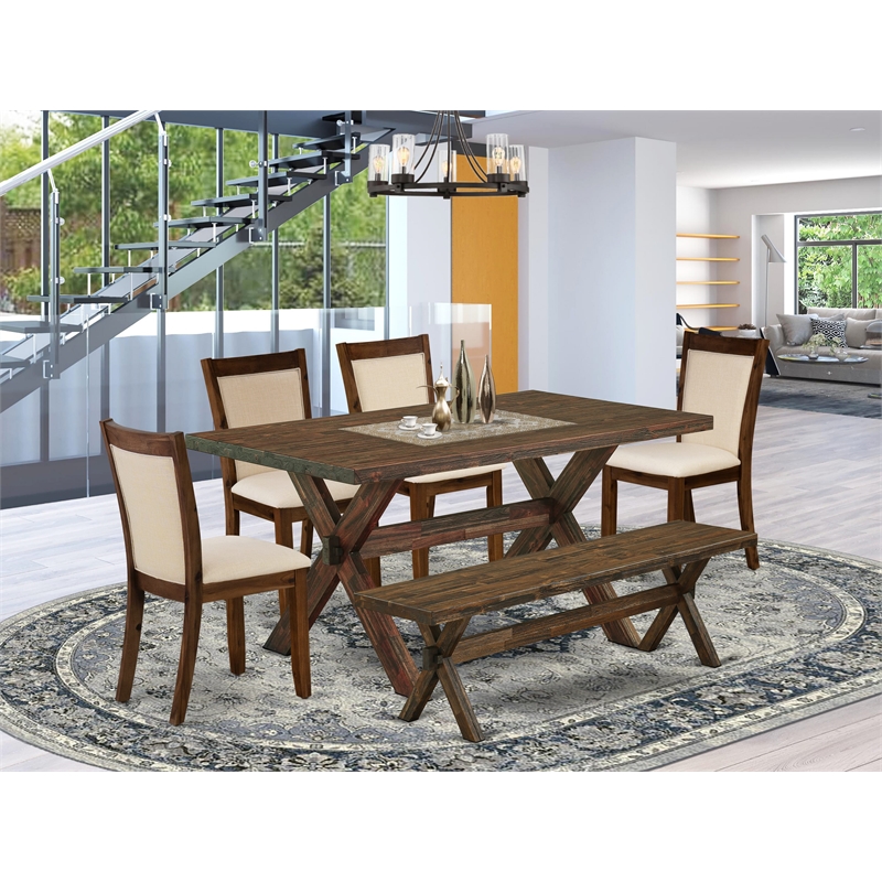 X776MZN32-6 Dining Table and 4 Light Beige Chairs - Distressed Jacobean Finish