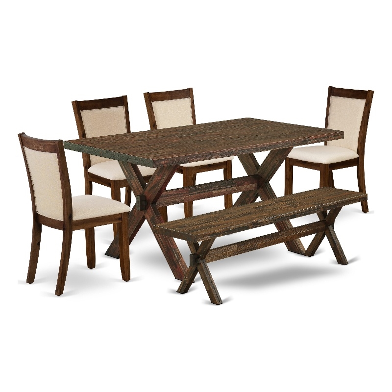 X776MZN32-6 Dining Table and 4 Light Beige Chairs - Distressed Jacobean Finish