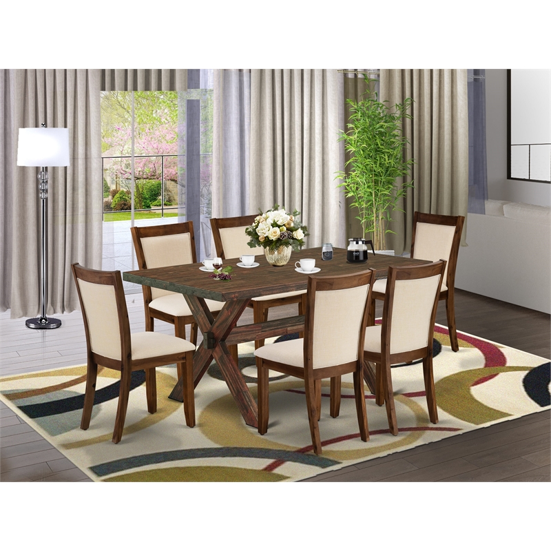 East West Furniture X-Style 7PC Dining Set in Light Beige/Distressed Jacobean