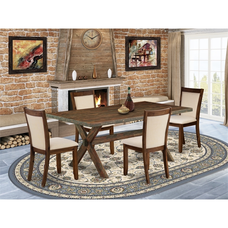 X777MZN32-5 Dining Table and 4 Light Beige Chairs - Distressed Jacobean Finish