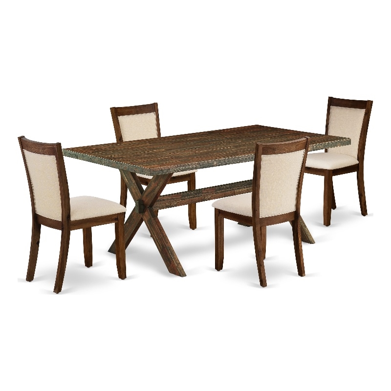 X777MZN32-5 Dining Table and 4 Light Beige Chairs - Distressed Jacobean Finish