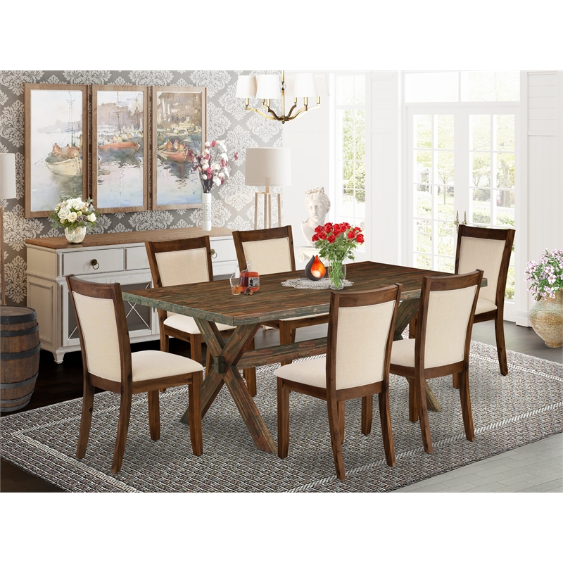 X777MZN32-7 - Wood Table and 6 Light Beige Chairs - Distressed Jacobean Finish