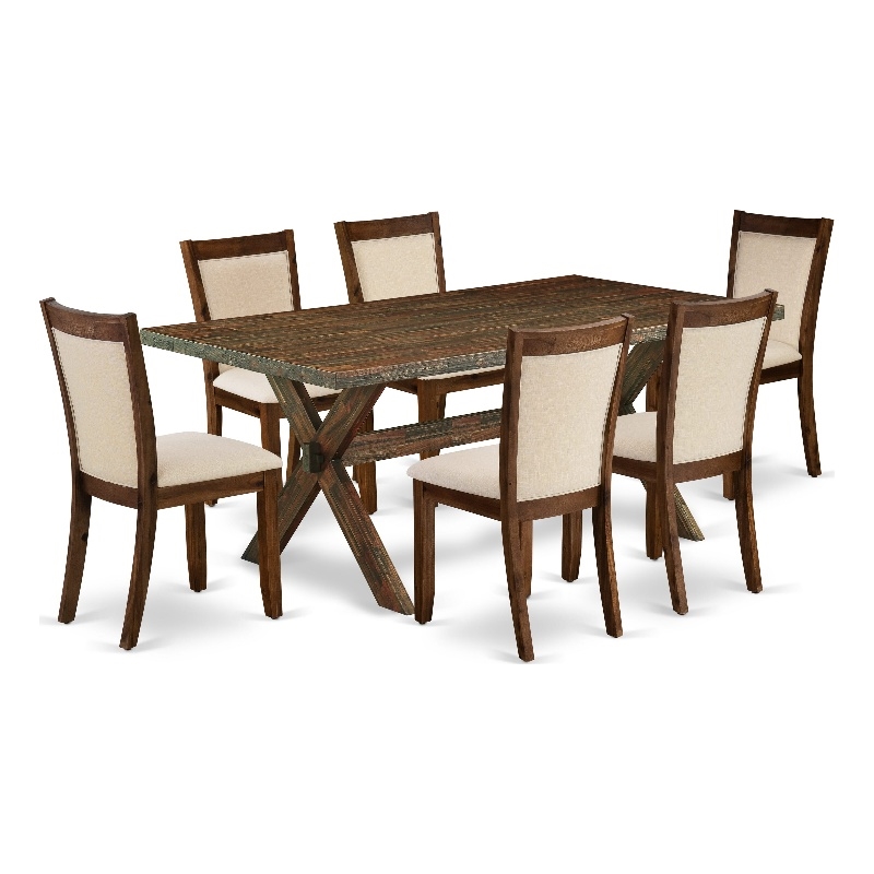 X777MZN32-7 - Wood Table and 6 Light Beige Chairs - Distressed Jacobean Finish