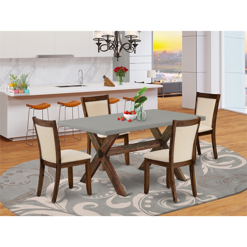 East West Furniture Dining Table and 4 Light Beige Chairs in Distressed Jacobean