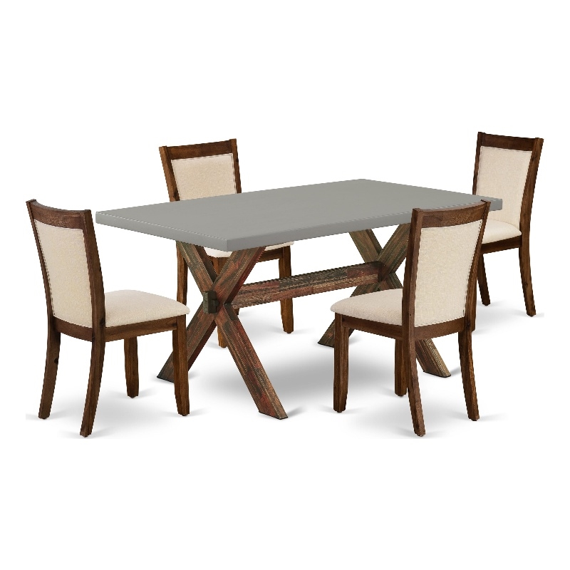 East West Furniture Dining Table and 4 Light Beige Chairs in Distressed Jacobean