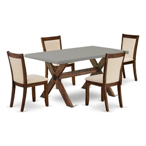 East West Furniture Dining Table and 4 Light Beige Chairs in Distressed Jacobean