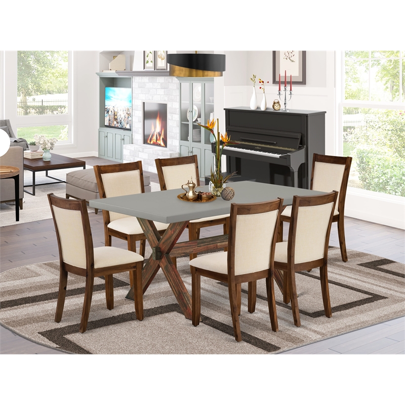 East West Furniture X-Style 7PC Dining Set in Light Beige/Distressed Jacobean