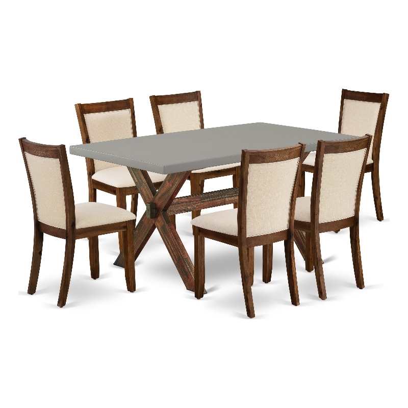 East West Furniture X-Style 7PC Dining Set in Light Beige/Distressed Jacobean