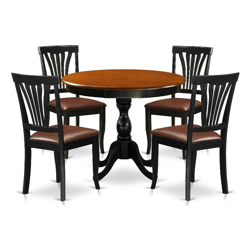 East West Furniture Dining Table and 4 Faux Leather Dinner Chairs in Black