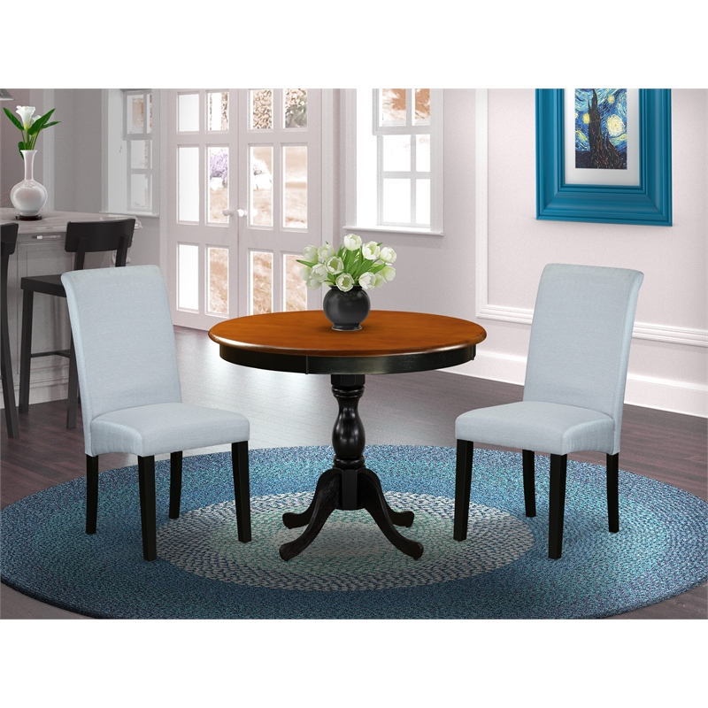 AMBA3-BCH-05 - Dining Table and 2 Grey Linen Fabric Chairs - Black Finish
