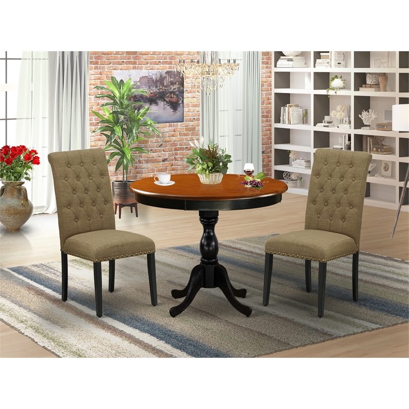 AMBR3-BCH-17 - Table and 2 Light Sable Linen Fabric Chairs - Black Finish