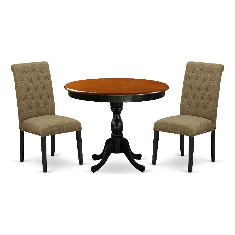 AMBR3-BCH-17 - Table and 2 Light Sable Linen Fabric Chairs - Black Finish