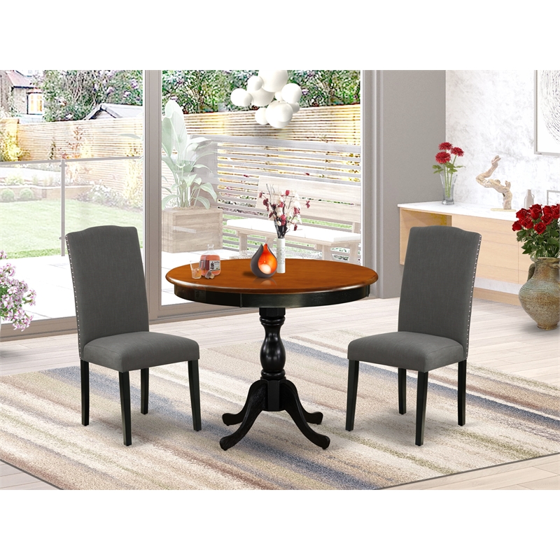 AMEN3-BCH-20 - Wooden Table and 2 Dark Gotham Grey Dining Chairs - Black Finish