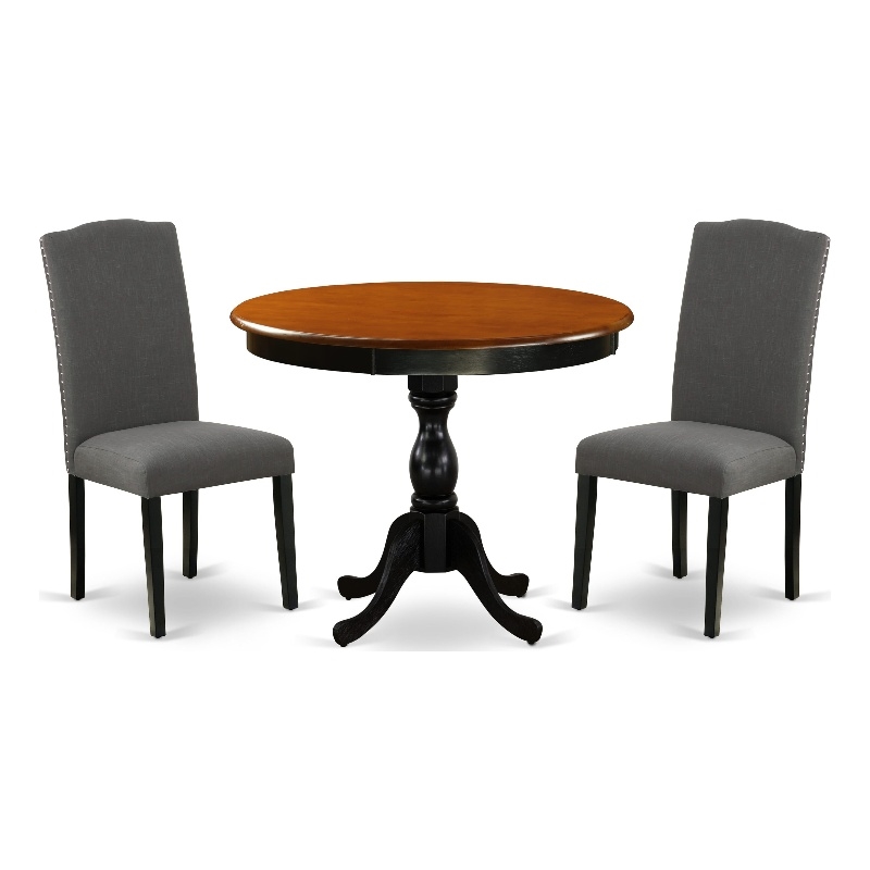 AMEN3-BCH-20 - Wooden Table and 2 Dark Gotham Grey Dining Chairs - Black Finish
