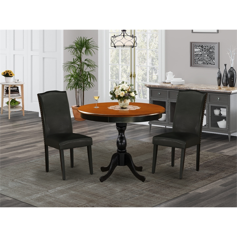 AMEN3-BCH-69 - Dining Table and 2 Black PU Leather Padded Chairs - Black Finish