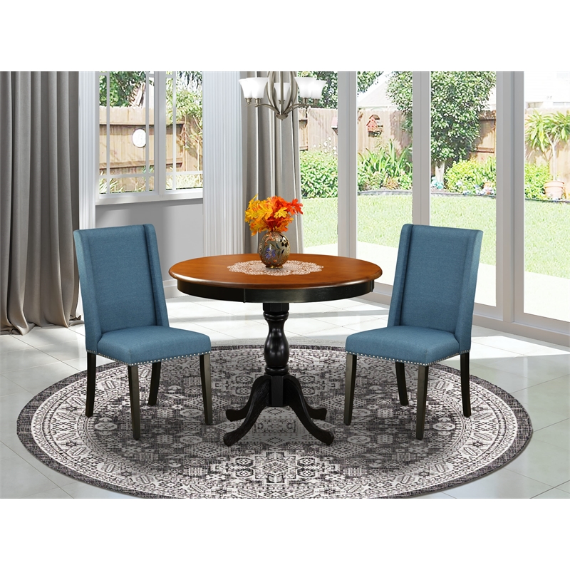 AMFL3-BCH-21 - Kitchen Table and 2 Blue Linen Fabric Chairs - Black Finish