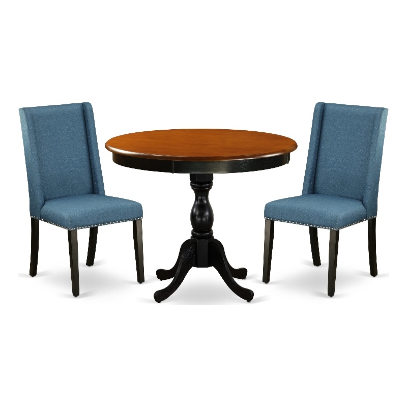 AMFL3-BCH-21 - Kitchen Table and 2 Blue Linen Fabric Chairs - Black Finish