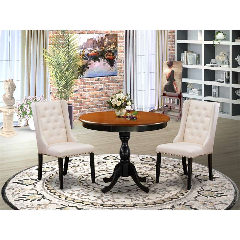 AMFO3-BCH-01 Dinette Table and 2 Cream Linen Fabric Chairs - Black Finish