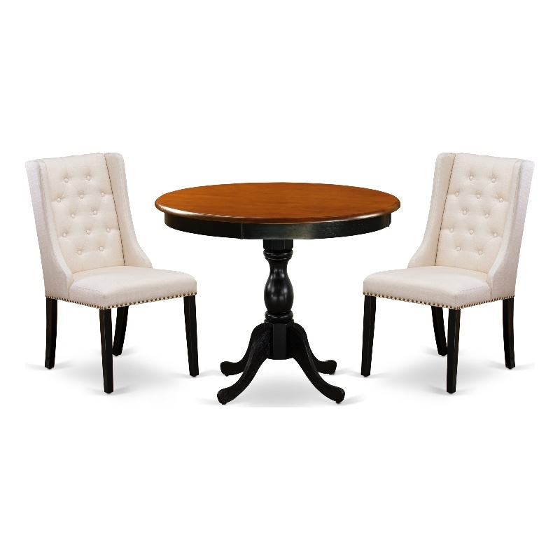 AMFO3-BCH-01 Dinette Table and 2 Cream Linen Fabric Chairs - Black Finish