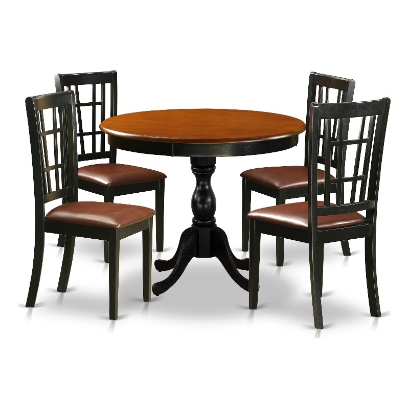 East West Furniture Wooden Table and 4 Kitchen Chairs with Slatted Backin Black