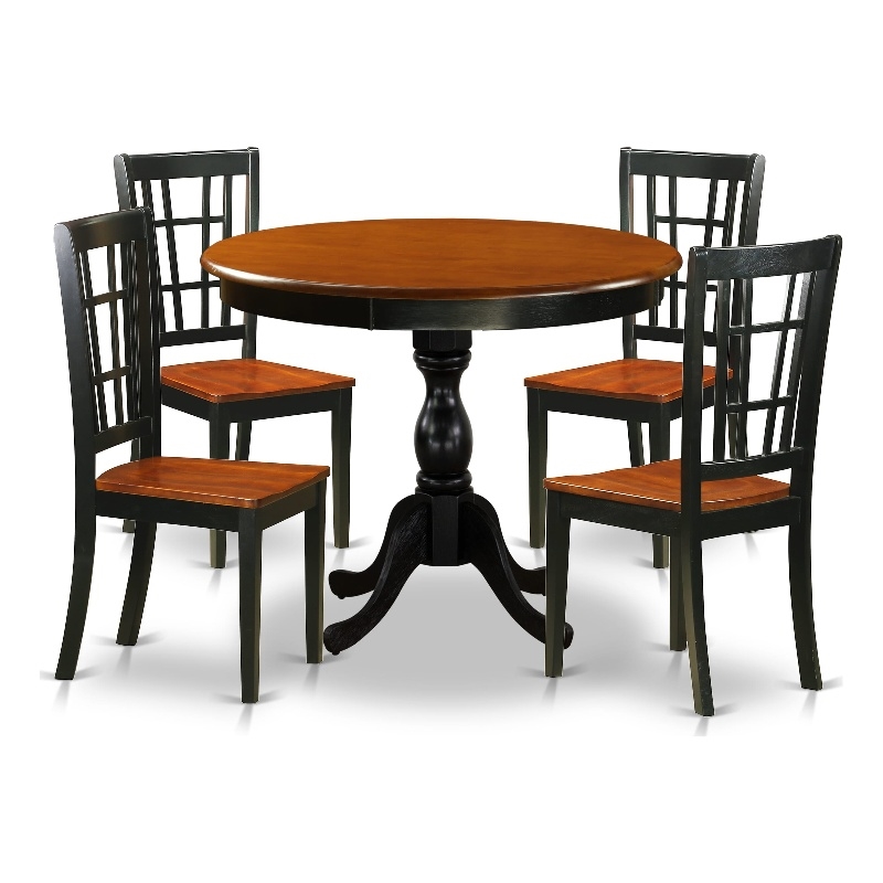 East West Furniture Dinner Table and 4 Dining Chairs with Slatted Back in Black