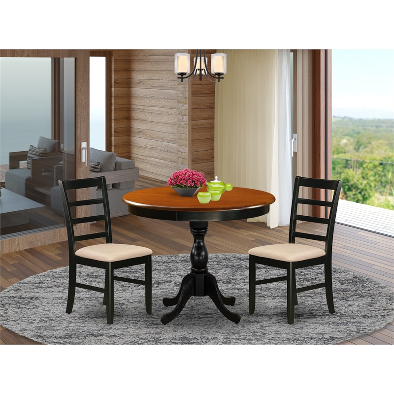 AMPF3-BCH-C - Kitchen Table and 2 Linen Fabric Dining Chairs - Black Finish