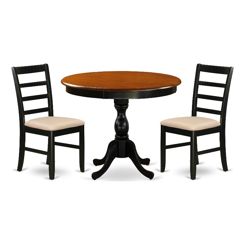AMPF3-BCH-C - Kitchen Table and 2 Linen Fabric Dining Chairs - Black Finish