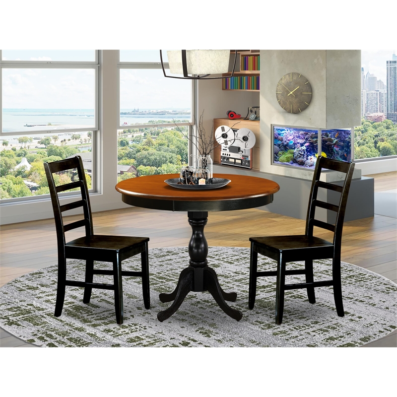 AMPF3-BCH-W - Wooden Table and 2 Modern Chairs with Ladder Back - Black Finish