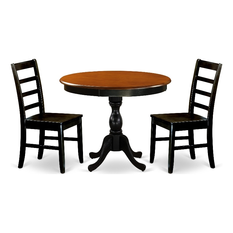 AMPF3-BCH-W - Wooden Table and 2 Modern Chairs with Ladder Back - Black Finish