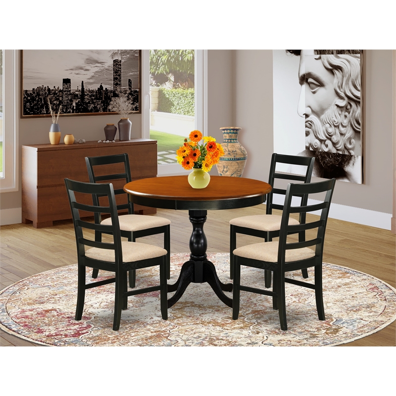 East West Furniture Kitchen Table and 4 Linen Fabric Dining Chairs in Black