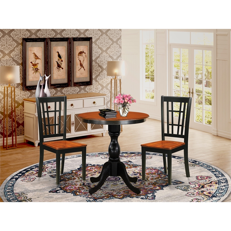 ESNI3-BCH-W- Wooden Table and 2 Wood Chairs with Slatted Back - Black Finish