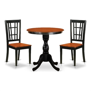 ESNI3-BCH-W- Wooden Table and 2 Wood Chairs with Slatted Back - Black Finish