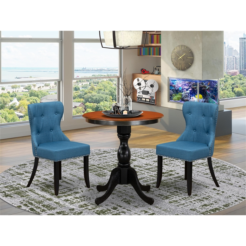 ESSI3-BCH-21 - Wooden Table and 2 Linen Fabric Dining Chairs - Black Finish