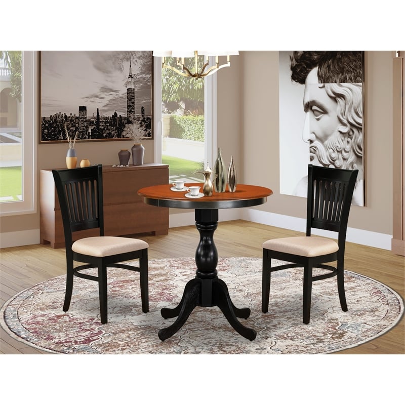 ESVA3-BCH-C - Wood Table and 2  Slatted Back Linen Fabric Chairs - Black Base
