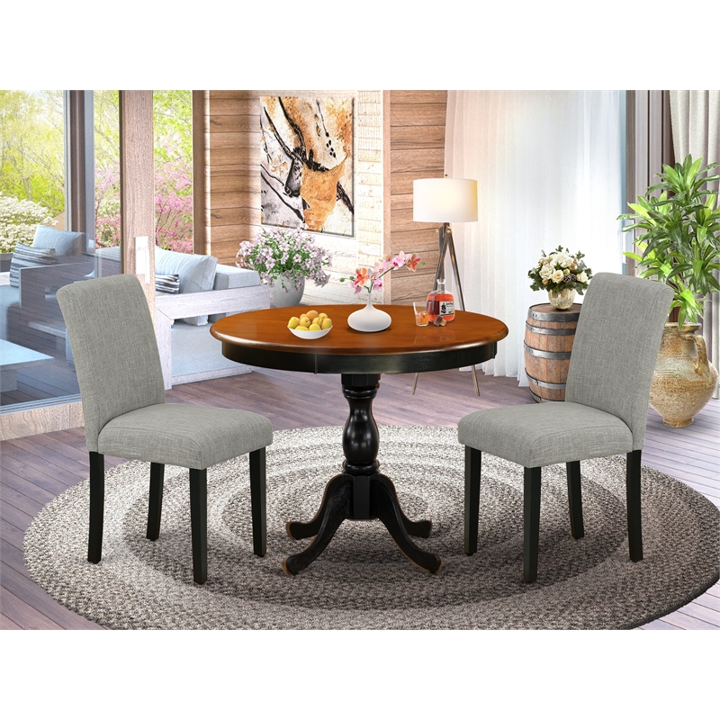 AMAB3-BCH-06 - Round Table and 2 Shitake Linen Fabric Chairs - Black Finish