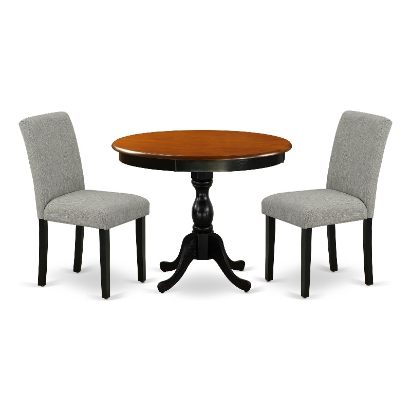 AMAB3-BCH-06 - Round Table and 2 Shitake Linen Fabric Chairs - Black Finish