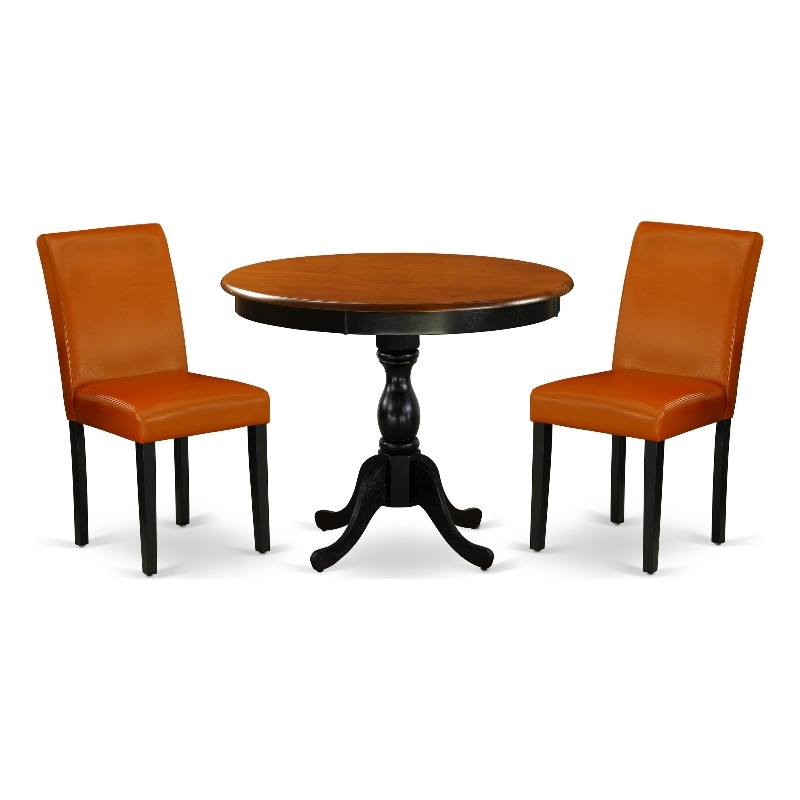 AMAB3-BCH-61 - Dining Table and 2 Baked Bean PU Leather Chair - Black Finish