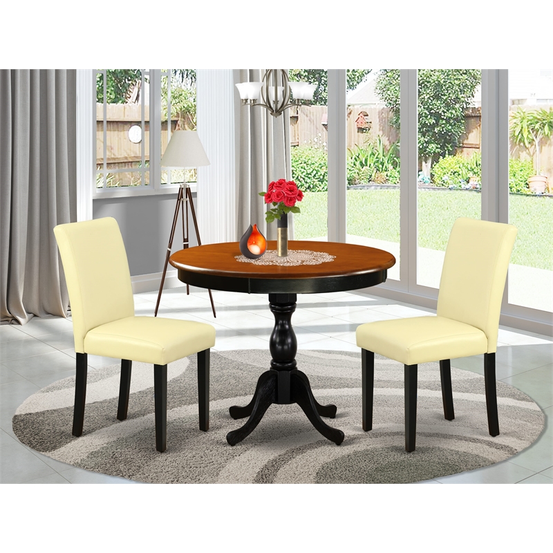 AMAB3-BCH-73 - Dining Table and 2 Eggnog PU Leather Chairs - Black Finish
